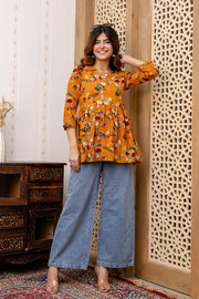 Women Mustard Printed V-Neck Peplum Top