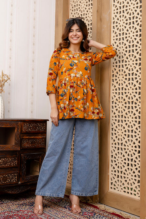 Women Mustard Printed V-Neck Peplum Top