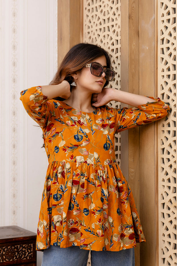 Women Mustard Printed V-Neck Peplum Top