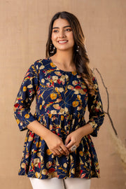 Women Navy Blue Printed V-Neck Peplum Top