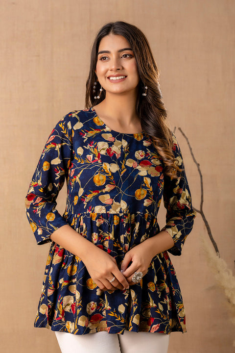 Women Navy Blue Printed V-Neck Peplum Top