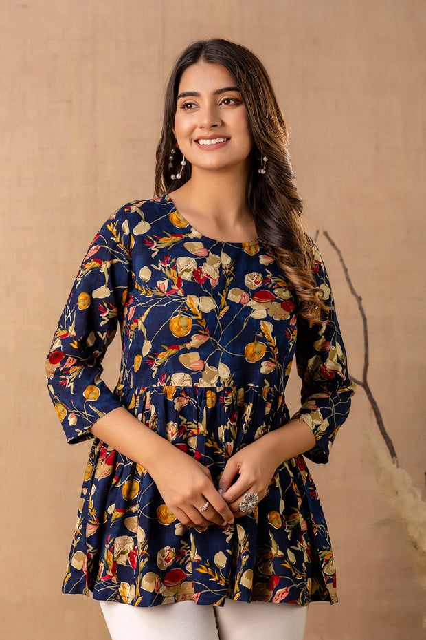 Women Navy Blue Printed V-Neck Peplum Top