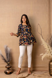 Women Navy Blue Printed V-Neck Peplum Top