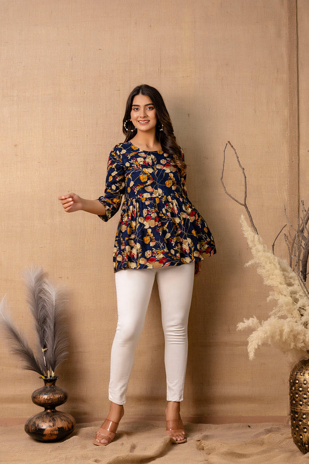 Women Navy Blue Printed V-Neck Peplum Top