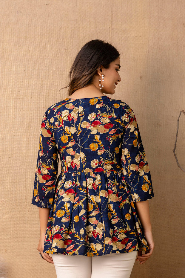 Women Navy Blue Printed V-Neck Peplum Top