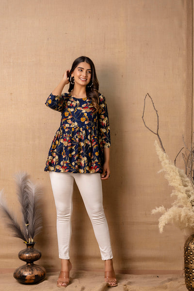 Women Navy Blue Printed V-Neck Peplum Top