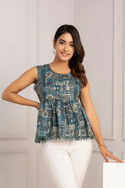 Women Teal Blue Printed Peplum Top