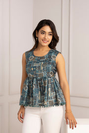 Women Teal Blue Printed Peplum Top