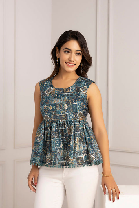 Women Teal Blue Printed Peplum Top
