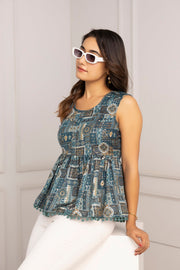 Women Teal Blue Printed Peplum Top