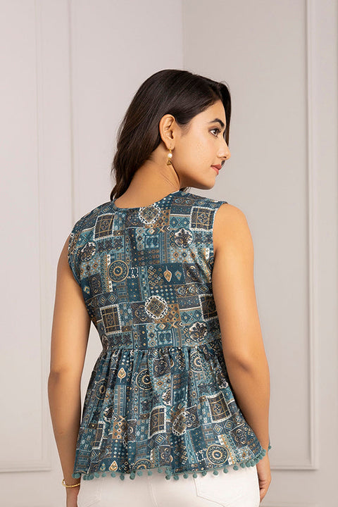 Women Teal Blue Printed Peplum Top