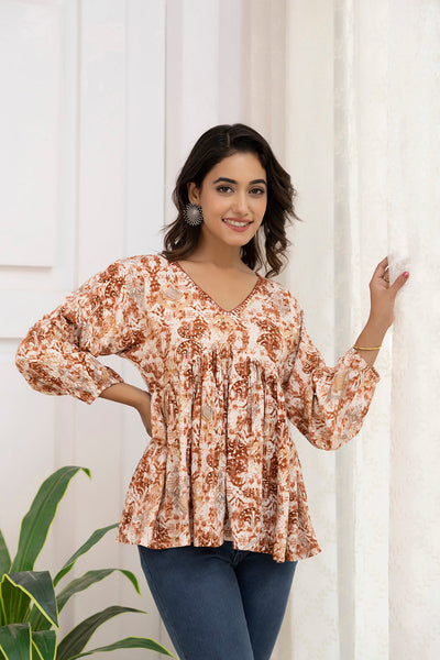 Women Rust Printed Peplum Top