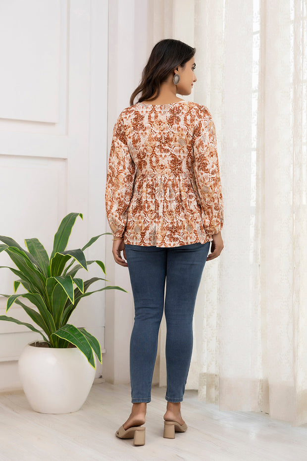 Women Rust Printed Peplum Top
