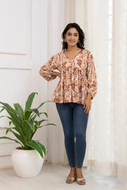 Women Rust Printed Peplum Top