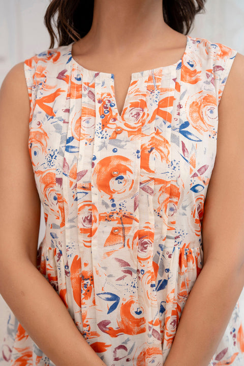 Women Off White Printed V-Neck Peplum Top