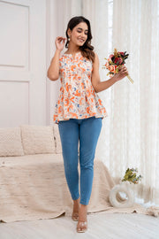 Women Off White Printed V-Neck Peplum Top