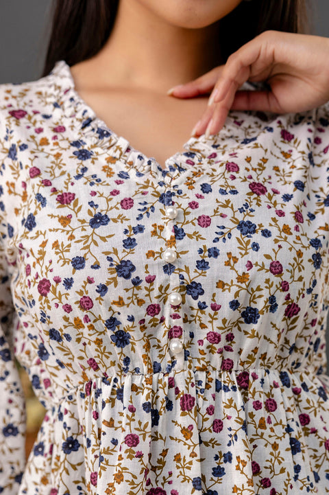 Women Off White Printed V-Neck Peplum Top