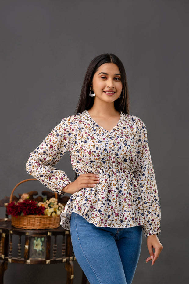 Women Off White Printed V-Neck Peplum Top