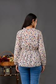 Women Off White Printed V-Neck Peplum Top