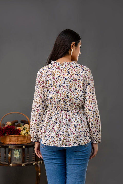 Women Off White Printed V-Neck Peplum Top