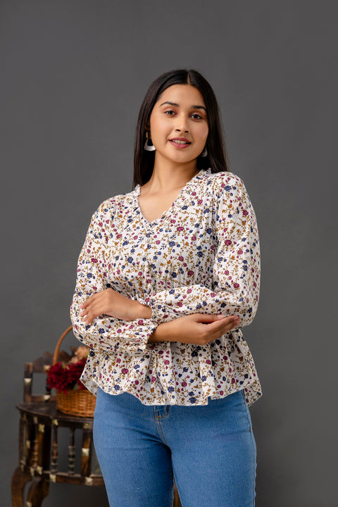 Women Off White Printed V-Neck Peplum Top