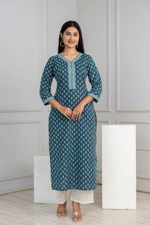 Green Printed Straight Kurta with Three Quarter Sleeves