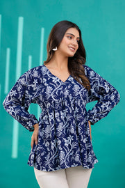 Women Navy Blue Printed V-Neck Peplum Top