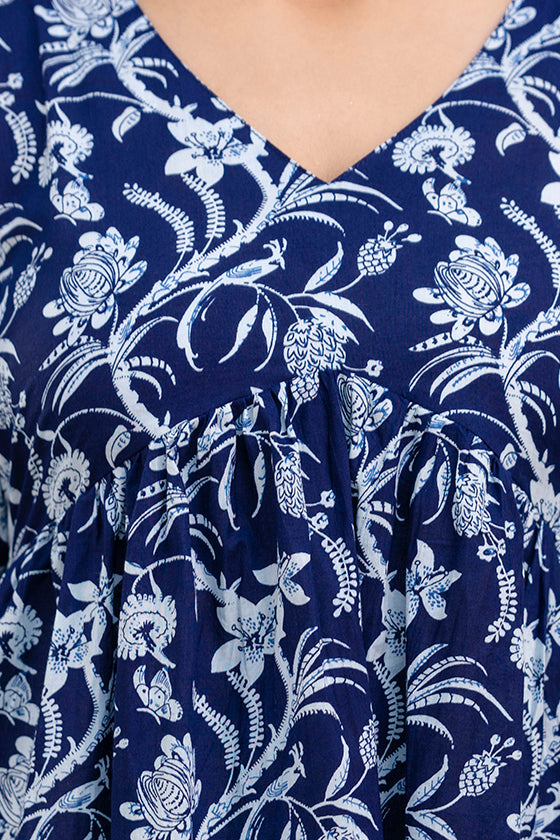 Women Navy Blue Printed V-Neck Peplum Top