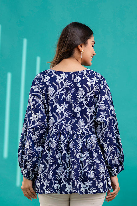 Women Navy Blue Printed V-Neck Peplum Top