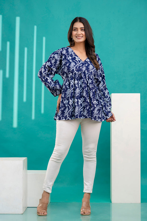 Women Navy Blue Printed V-Neck Peplum Top