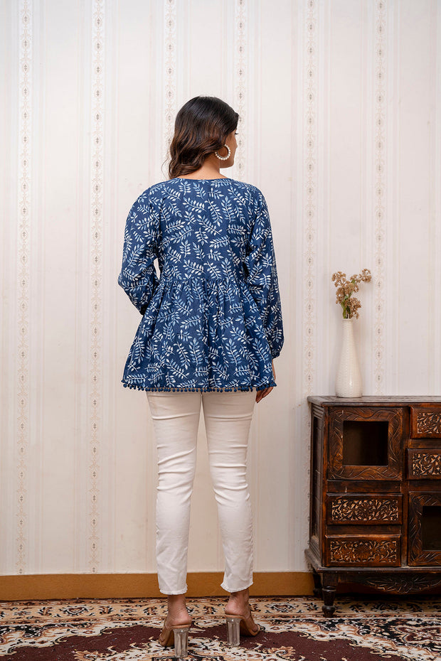 Women Navy Blue Printed V-Neck Peplum Top