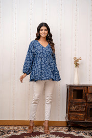 Women Navy Blue Printed V-Neck Peplum Top