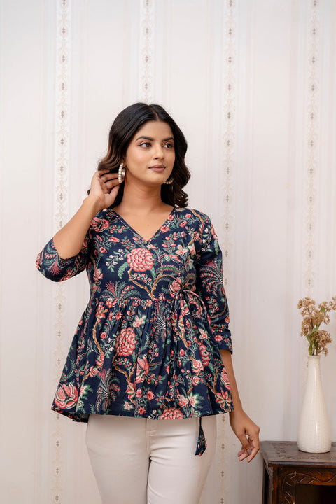 Women Navy Blue Printed V-Neck Peplum Top