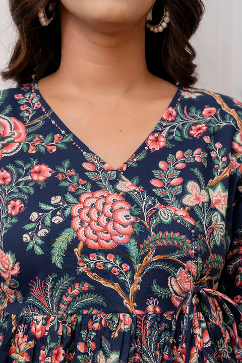 Women Navy Blue Printed V-Neck Peplum Top