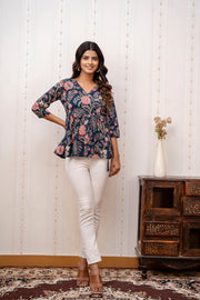 Women Navy Blue Printed V-Neck Peplum Top