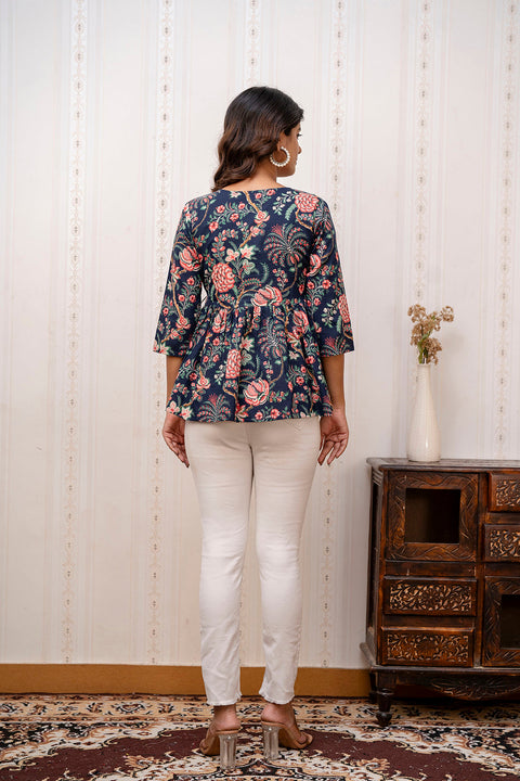 Women Navy Blue Printed V-Neck Peplum Top