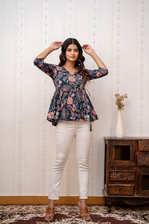 Women Navy Blue Printed V-Neck Peplum Top