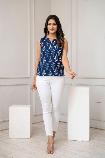 Women Navy Blue Printed Straight Top