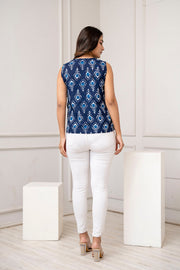 Women Navy Blue Printed Straight Top