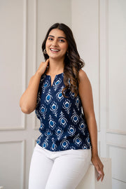 Women Navy Blue Printed Straight Top