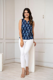 Women Navy Blue Printed Straight Top
