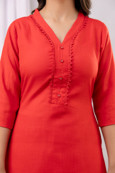 Red Straight Kurta Set With Printed Dupatta for Women