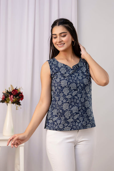 Women Navy Blue Printed Straight Top