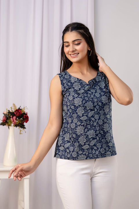 Women Navy Blue Printed Straight Top