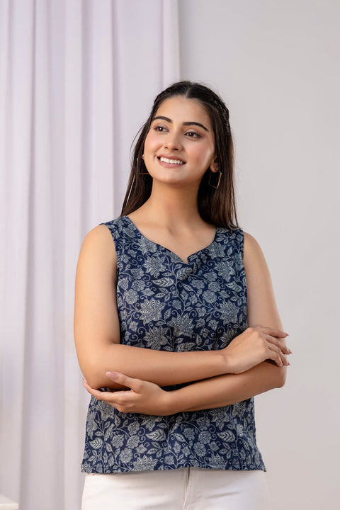 Women Navy Blue Printed Straight Top