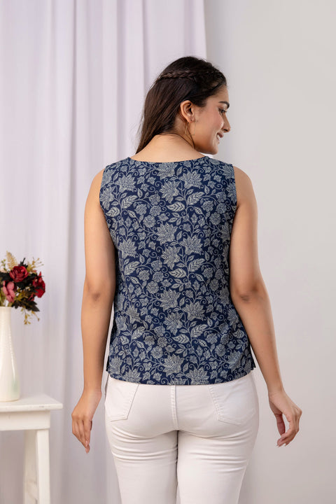 Women Navy Blue Printed Straight Top