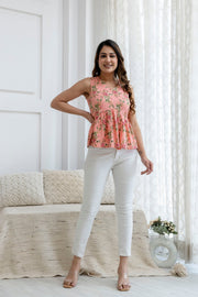 Women Peach Printed Peplum Top