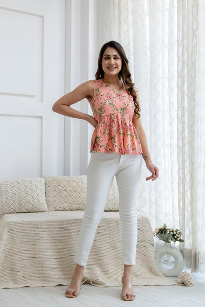 Women Peach Printed Peplum Top
