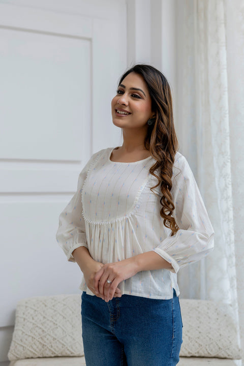 Women Off White Printed Peplum Top