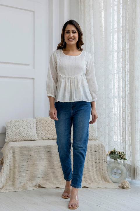 Women Off White Printed Peplum Top